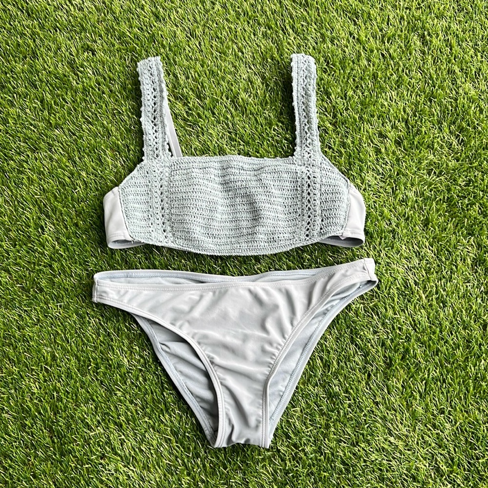 Target Xhilaration Junior's Crochet Bralette Bikini Set Blue Gray Size M